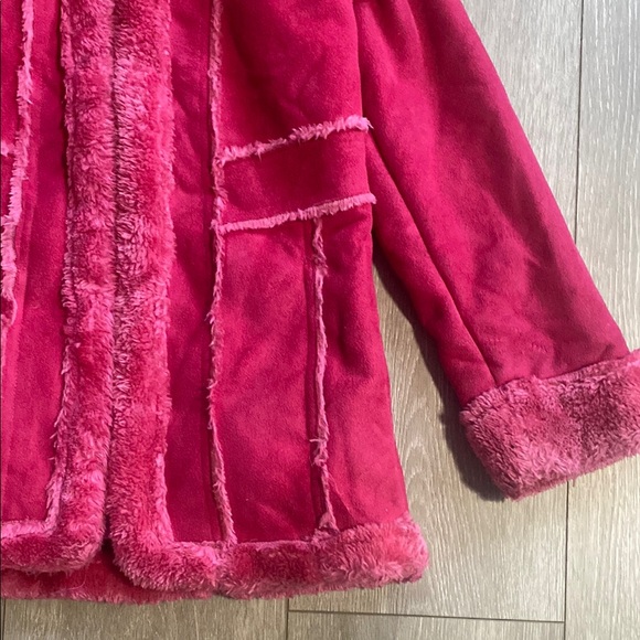 Girls Y2K Kids Pink Hooded Jacket Sz 5 Vegan Suede Leather Warm Winter Long Coat - Picture 2 of 7